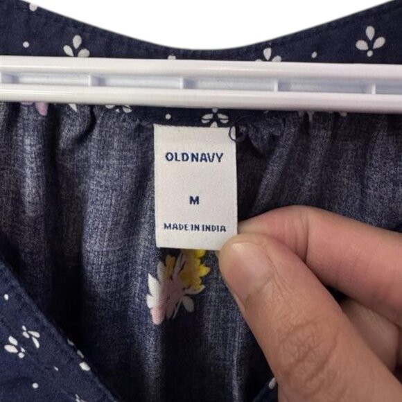 Old Navy navy blue button front mixed print poet blouse size M - Picture 5 of 6